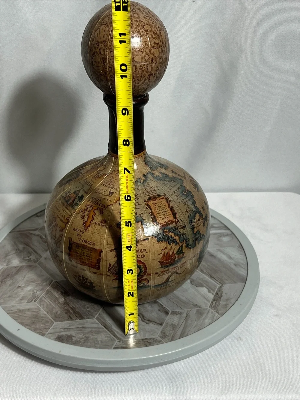 Vintage Decanter Bottle Old World Map Globe Design Wood Stopper 11”